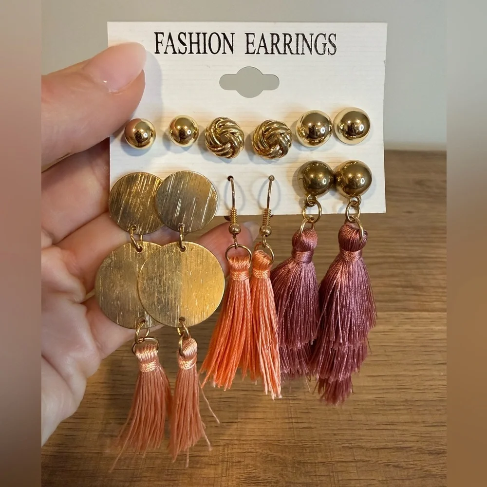 Gold Fashion Earrings Set Studs & Tassel Dangles Blush & Mauve (6 Pairs)